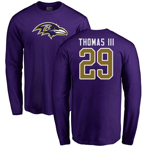 Men Baltimore Ravens Purple Earl Thomas III Name and Number Logo NFL Football #29 Long Sleeve T Shirt->nfl t-shirts->Sports Accessory